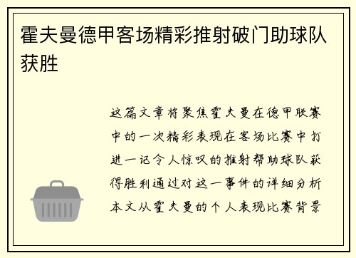 霍夫曼德甲客场精彩推射破门助球队获胜 霍夫曼德甲客场精彩推射破门助球队获胜
