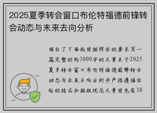 2025夏季转会窗口布伦特福德前锋转会动态与未来去向分析